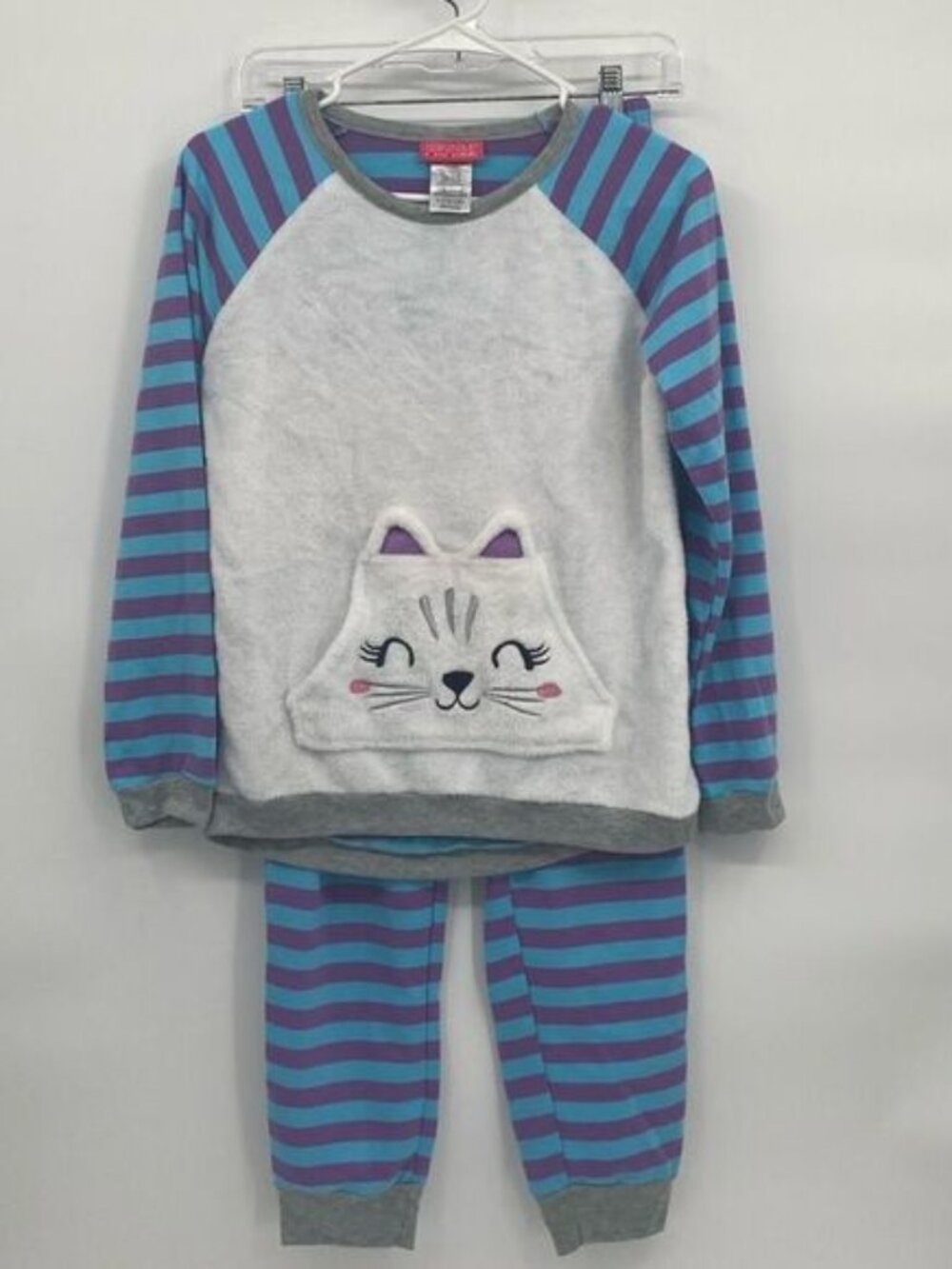 Saint Eve Kids Pajama Set Fuzzy Cat Pocket Sweatshirt Striped Pants L 14/16